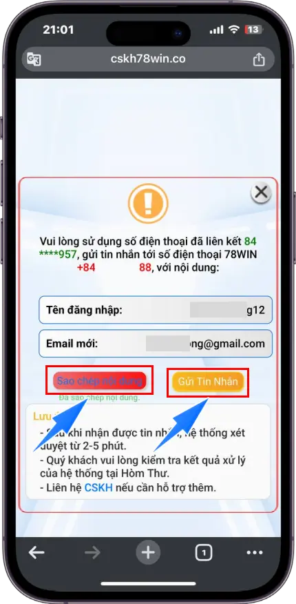 Bước 5 : Sao chép nội dung - Dùng SĐT đăng ký tài khoản >> Gửi thông tin đã sao chép đến SĐT của hệ thống >> Chờ xét duyệt trong vài phút